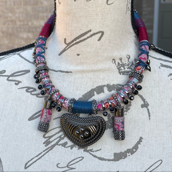 Tribal Boho Fabric, String and Metal Necklace - Picture 6 of 10